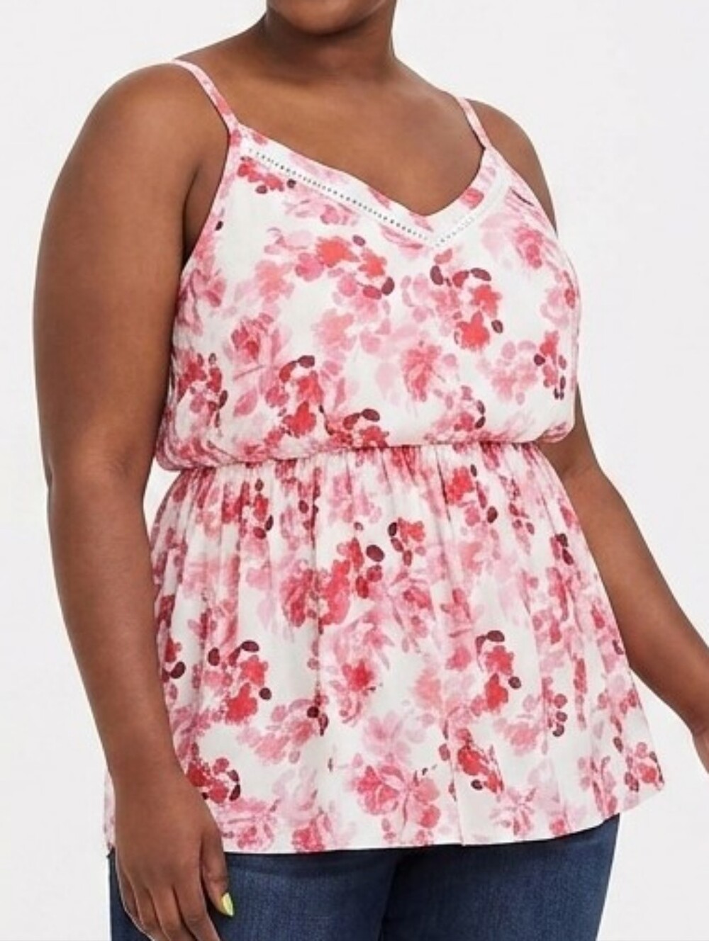 Torrid Pink Watercolor Floral Long Babydoll Cami Top with Crochet Trim - Size 2X